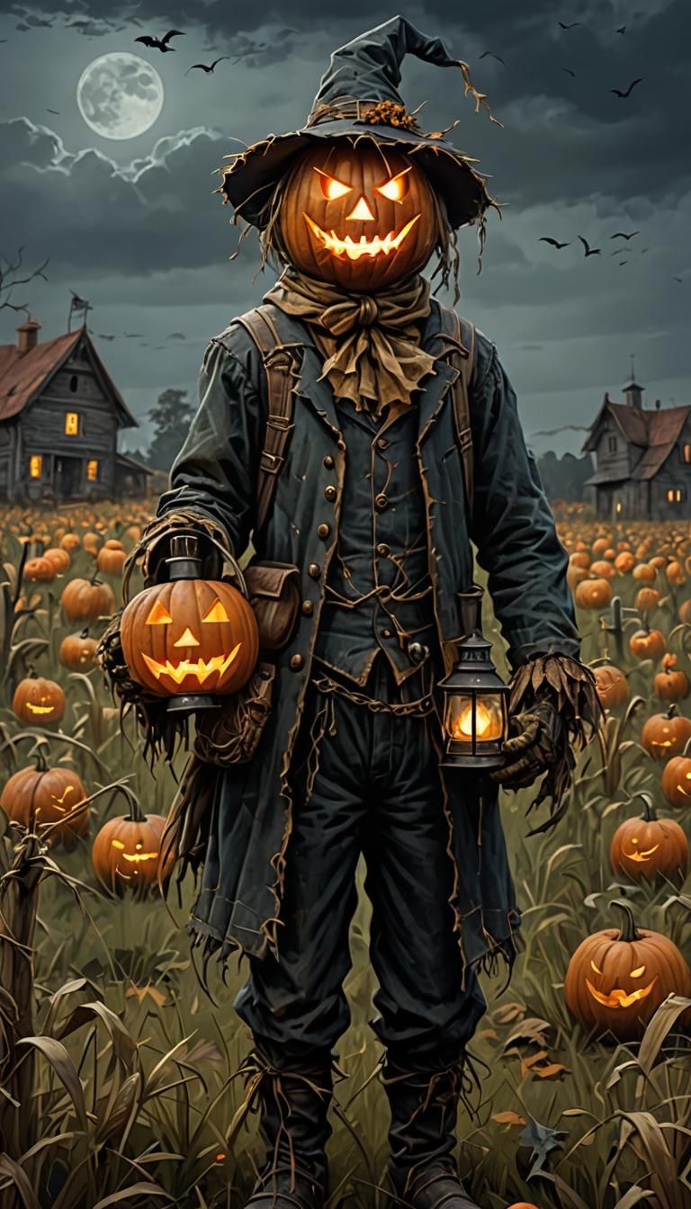 Scarecrow with Pumpkin Head in Gloomy Field