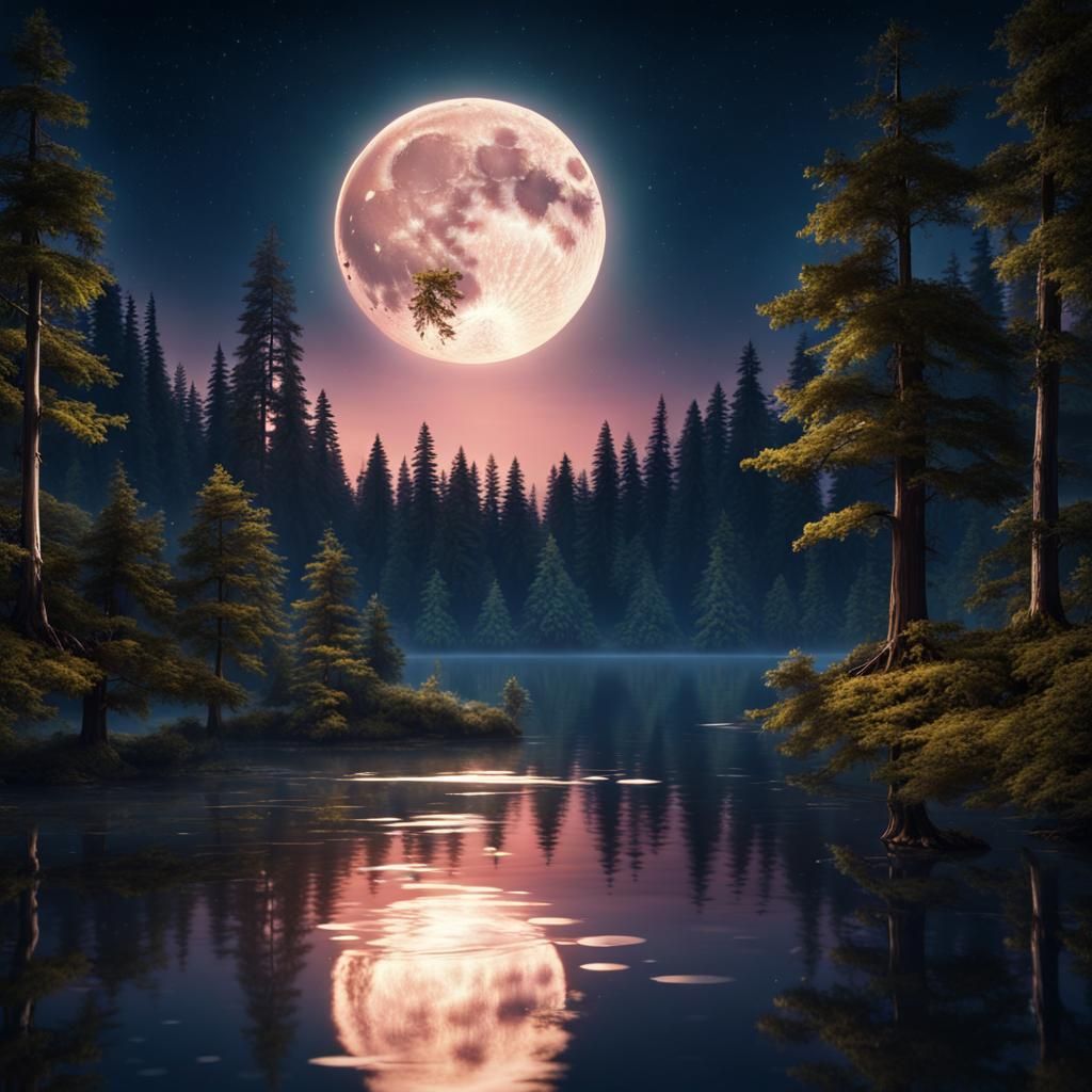 Moonlit Lake in Forest: Fantastical Digital Painting