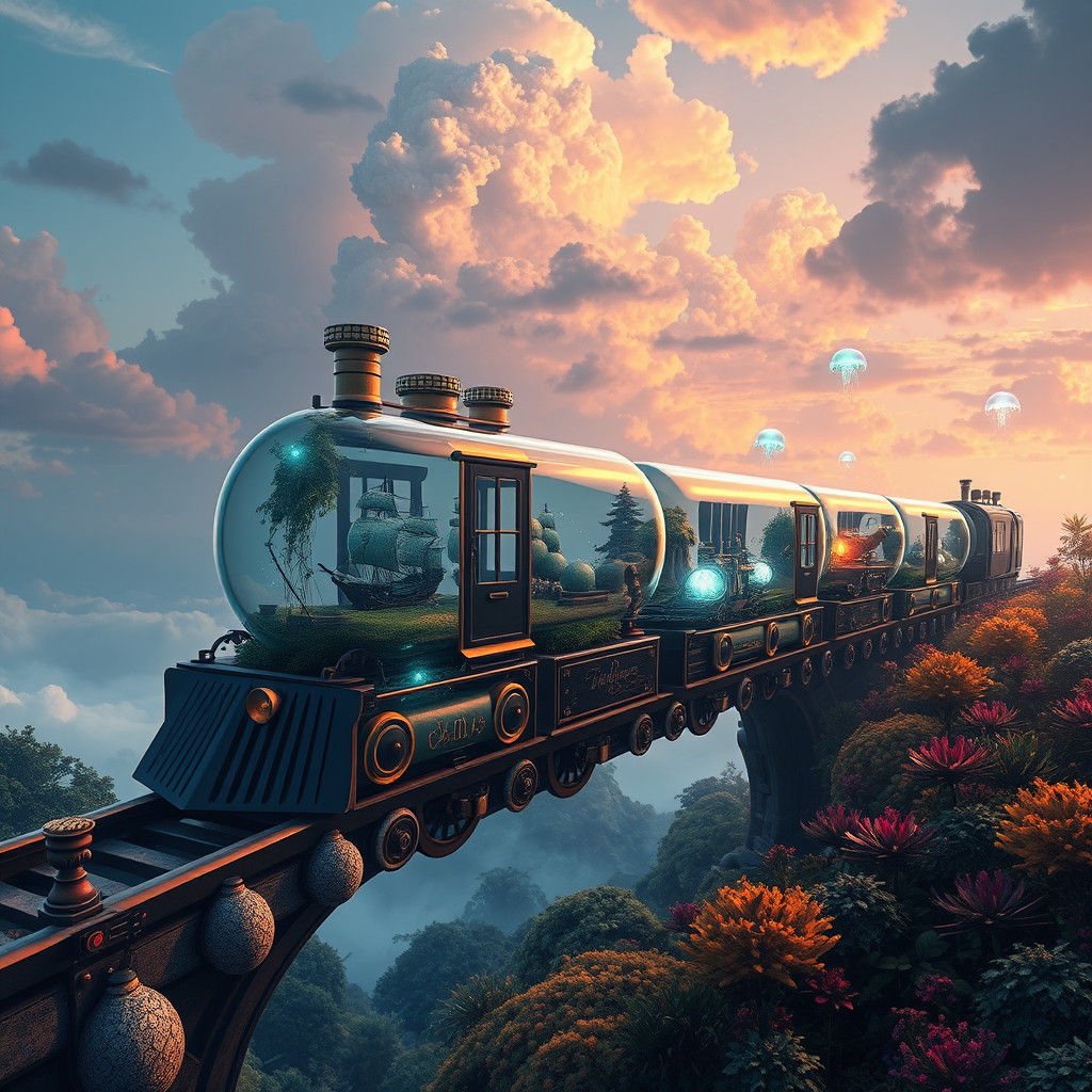 Glass Bottle Train Journey Through Dreamy Skies