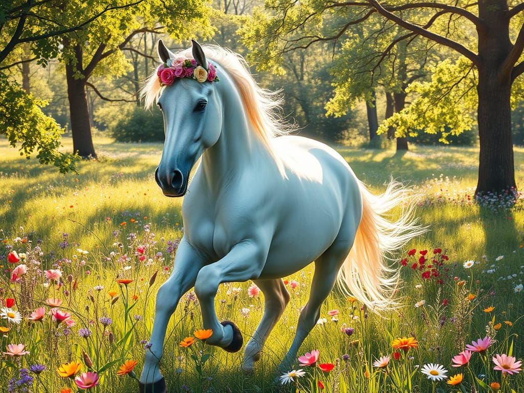 Elegant White Arabian Horse in Sunlit Meadow with Wildflower...