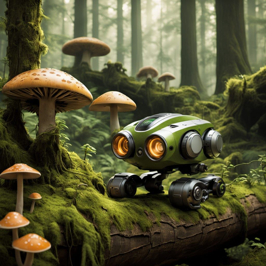 Cybernetic Robot Encounters Glowing Forest Mushrooms in Sere...