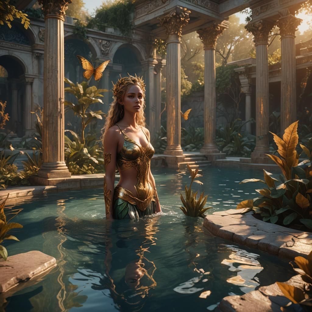 Nymph in Pool Watched by Zeus: Fantasy Art