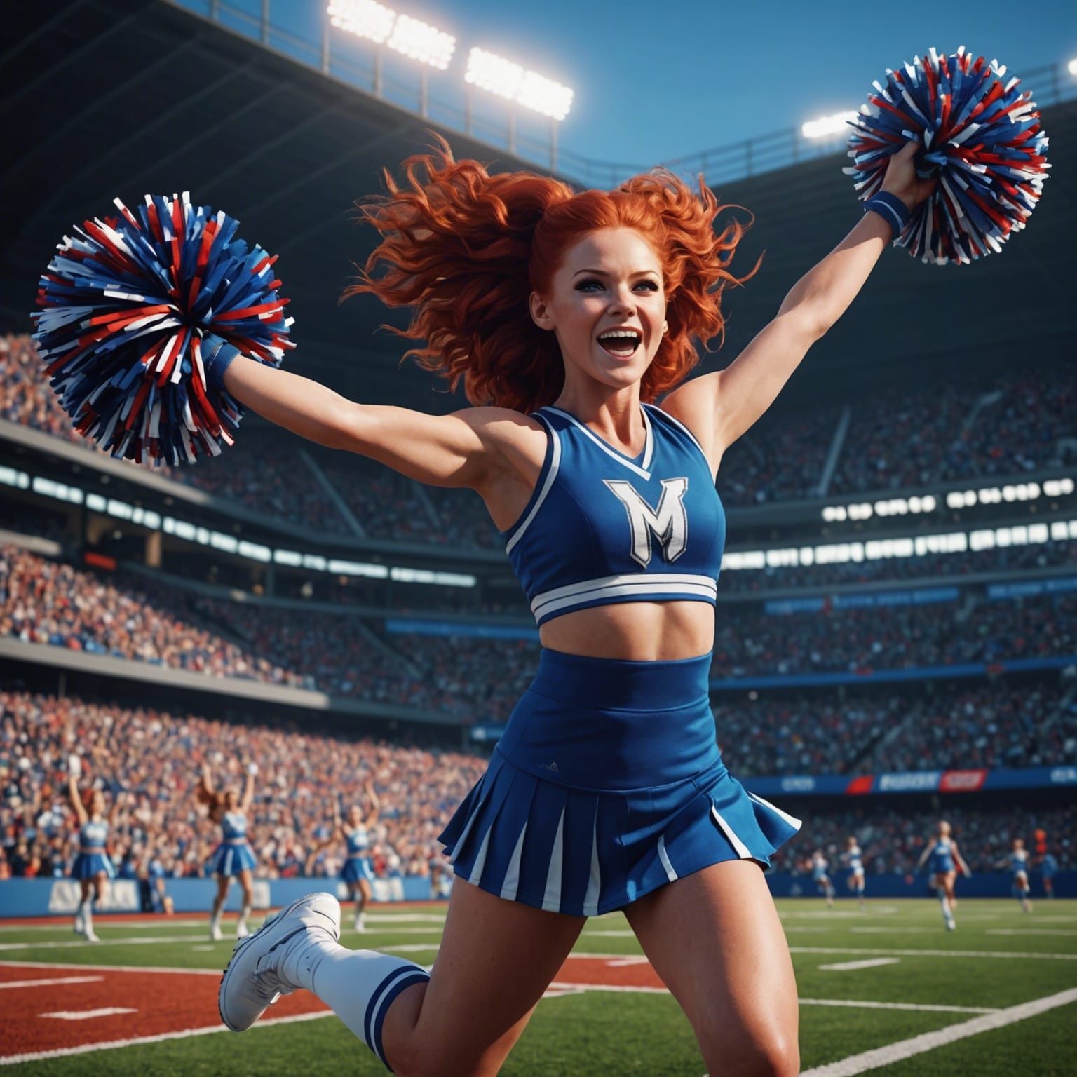 Cheerleader Mid-Jump with Pom Poms