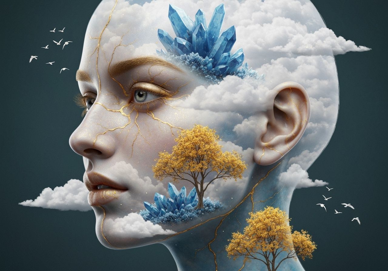 Surreal Digital Art: Woman's Face Filled With Dreamlike Land...