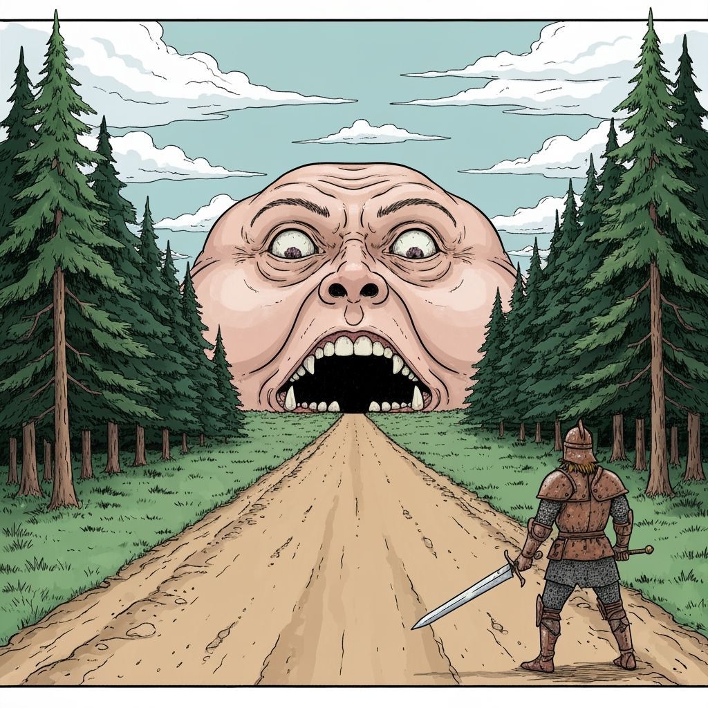 Hero Confronts Grotesque Road-Eating Monster