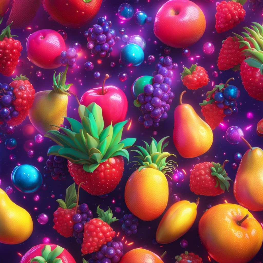 Glamorous 80s Fruit Sparkle: Detailed Fantasy Art