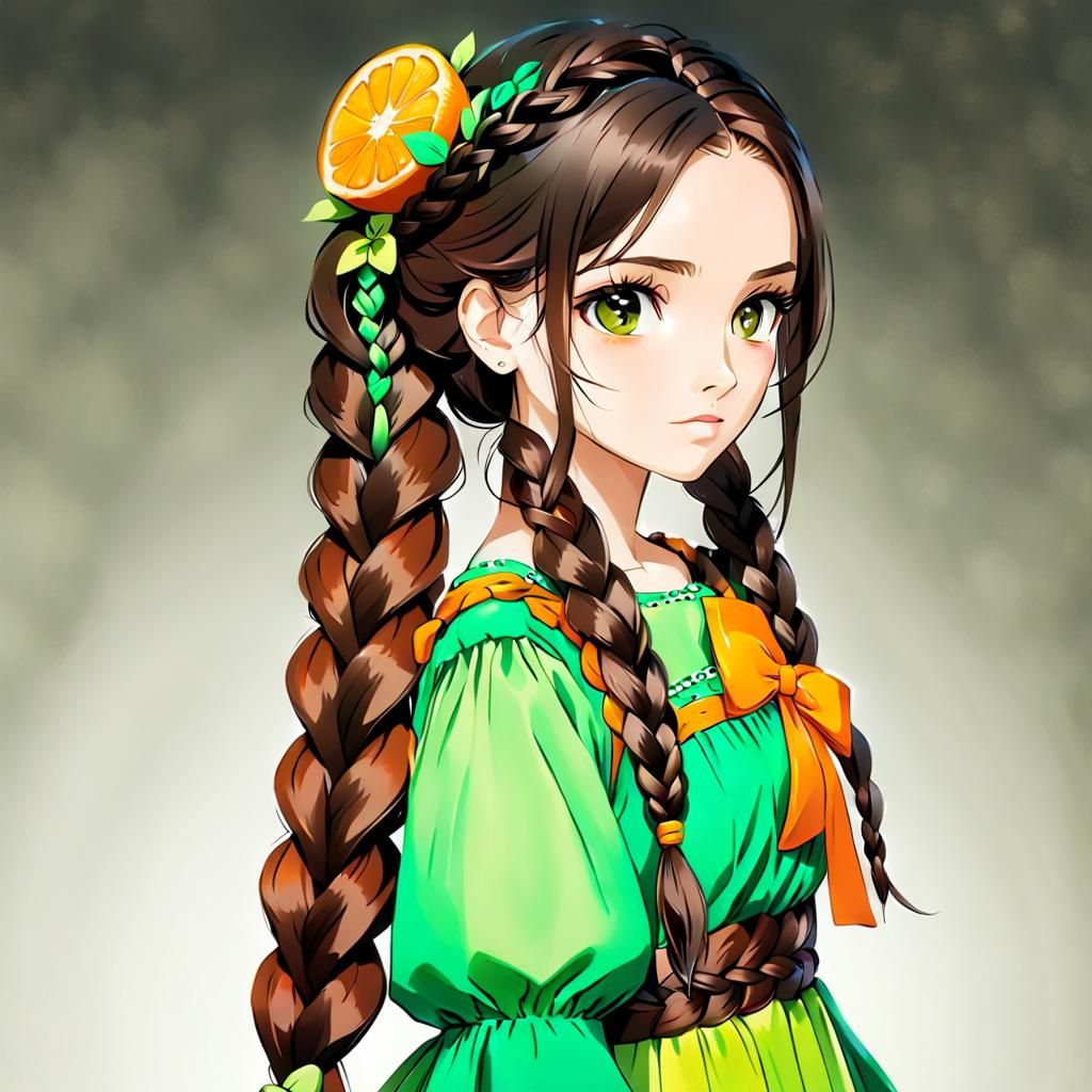 Girl with Braid in Orange and Green Dress