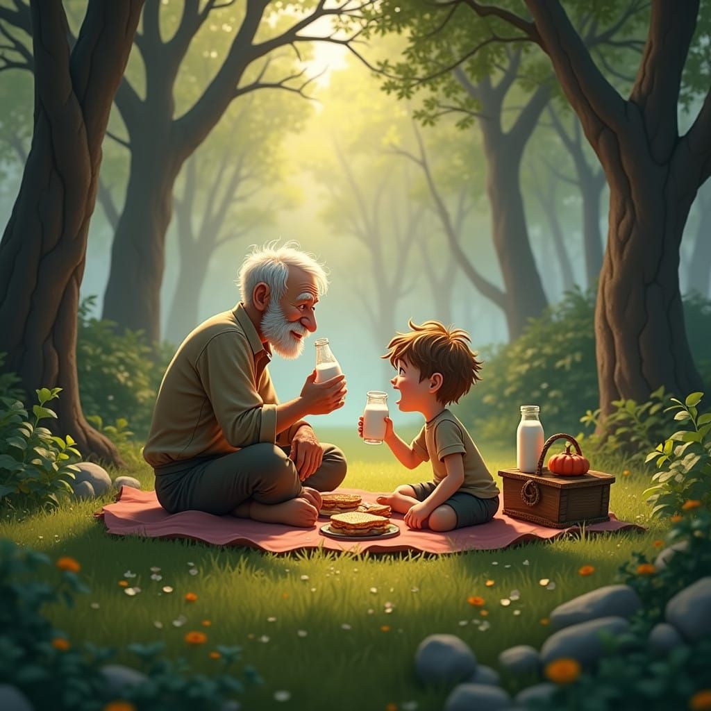 Grandfather and Grandson Share a Peaceful Picnic in the Fore...