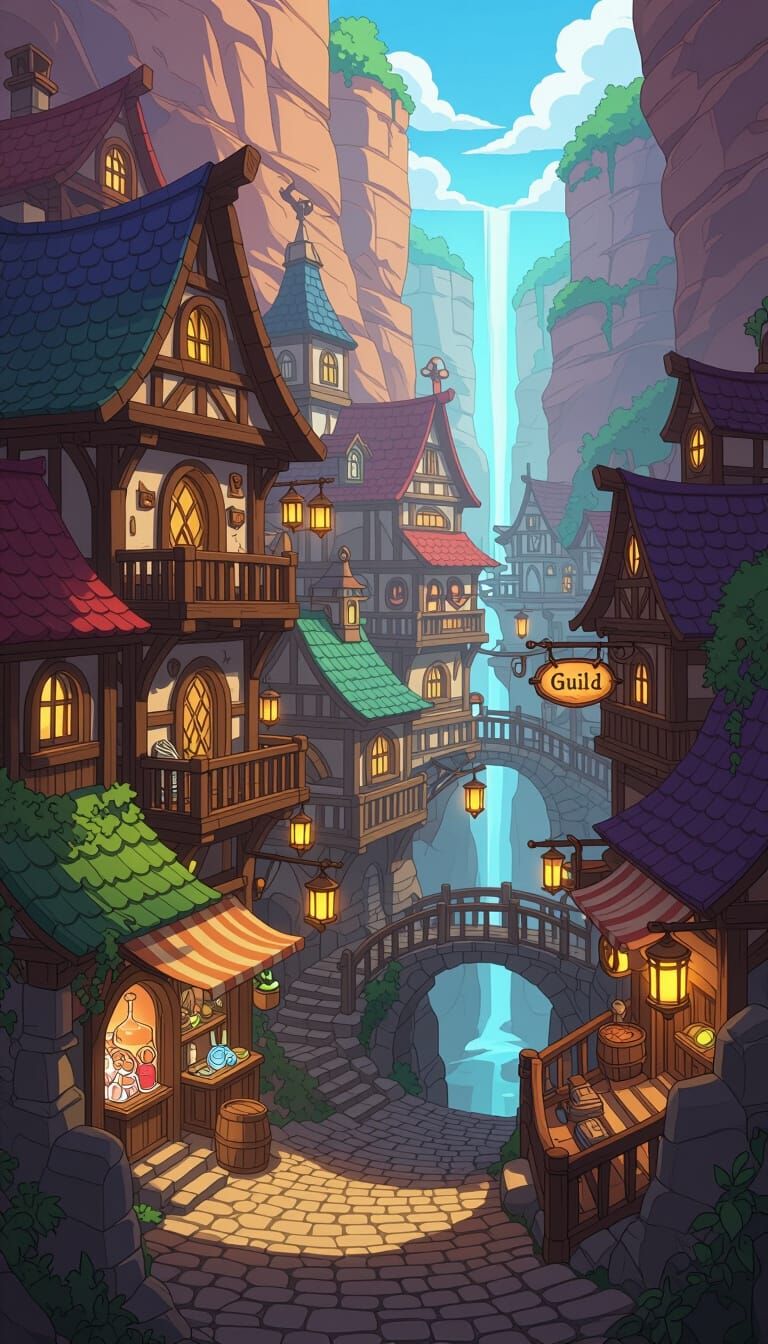 Lively Anime RPG Town with Steampunk Style