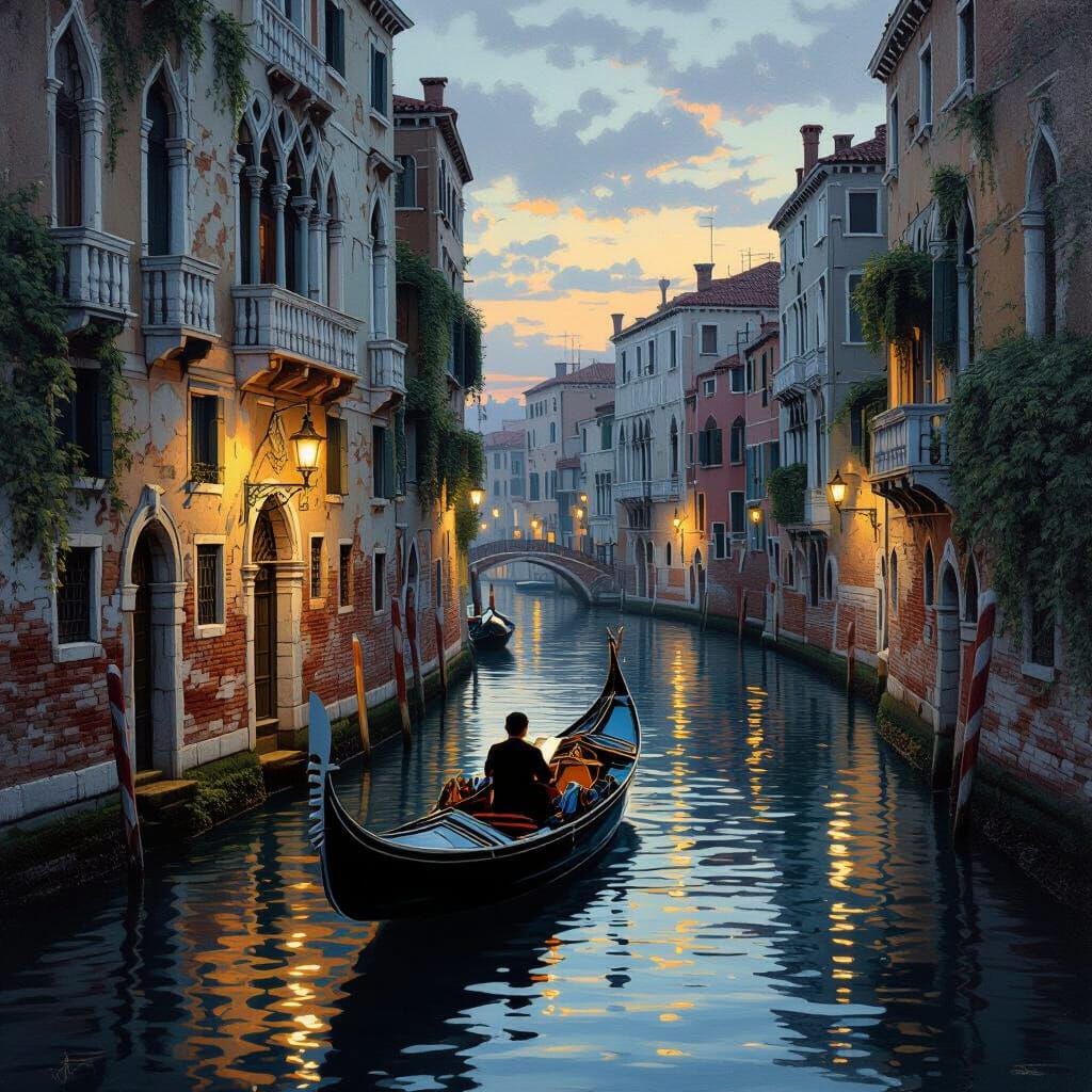 Venice Canal at Twilight: Gondola & Ancient Houses