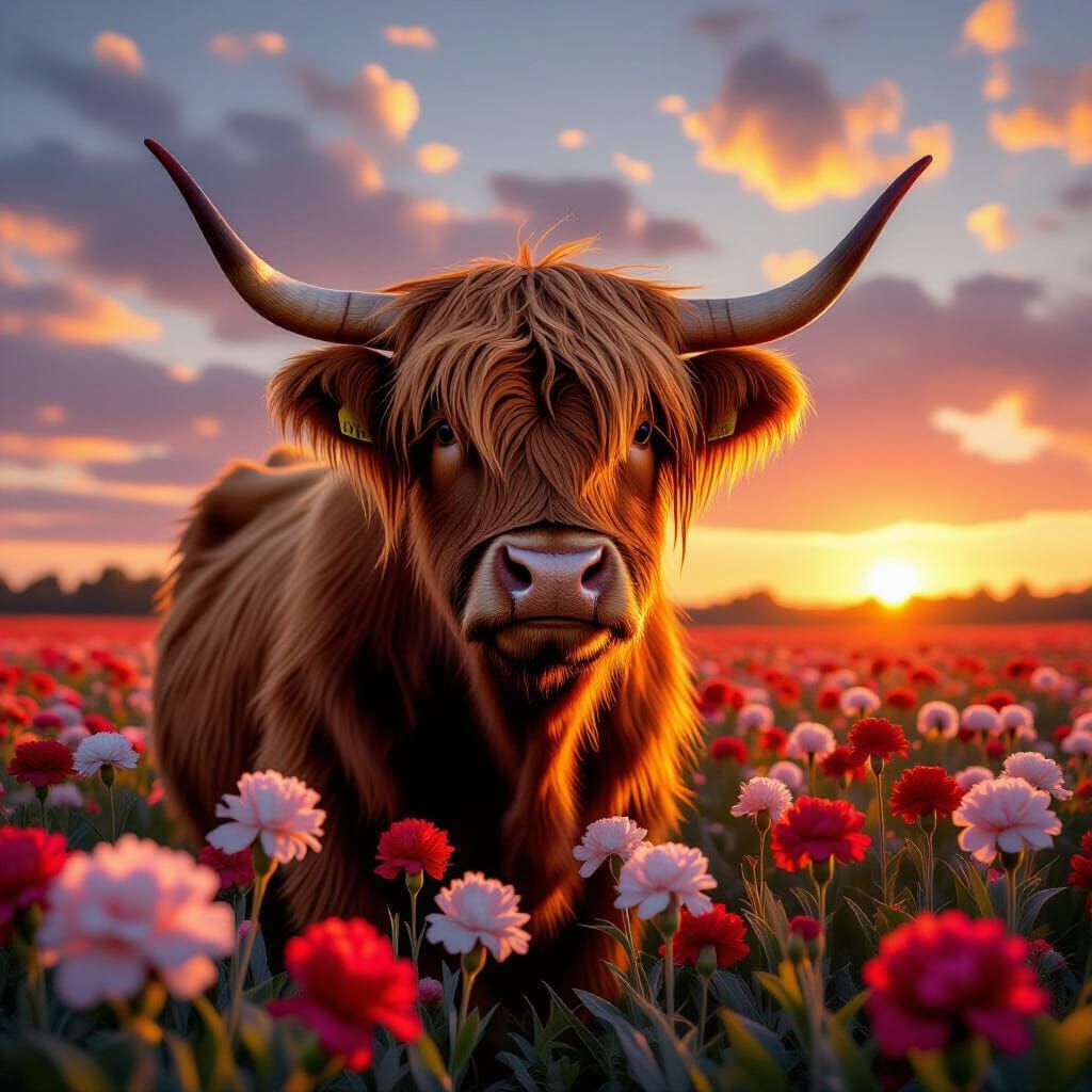 Highland Cow in Carnation Field at Sunset