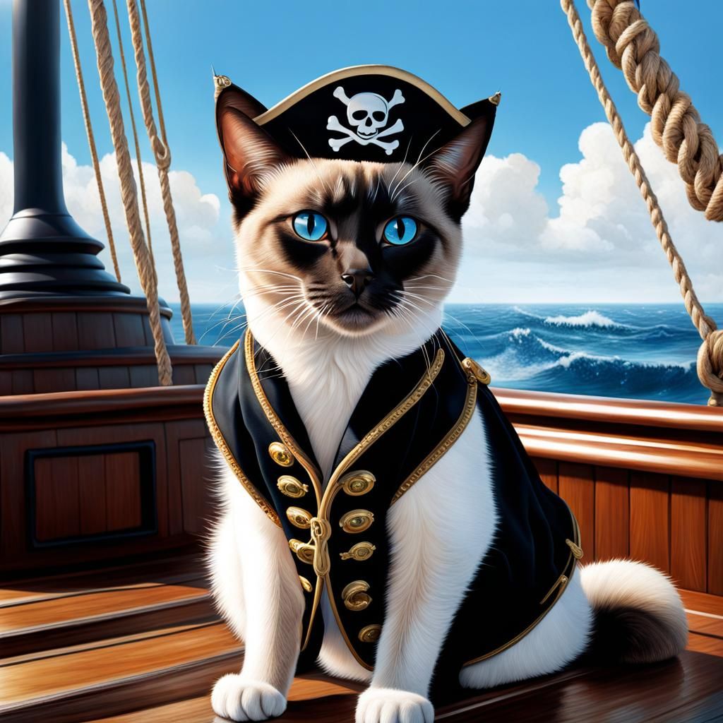 Pirate Siamese Cat on Deck: Hyperrealistic Matte Painting