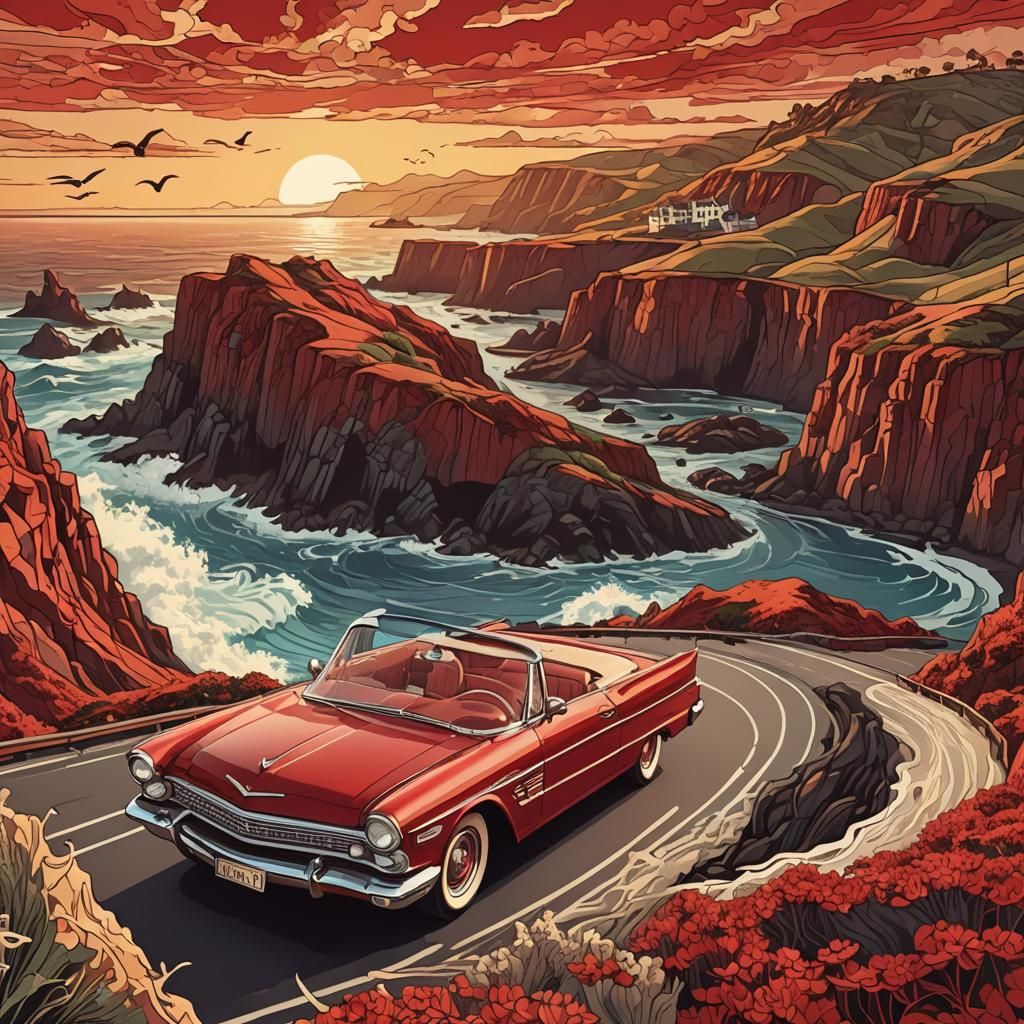 Vintage Convertible on Coastal Road at Sunset