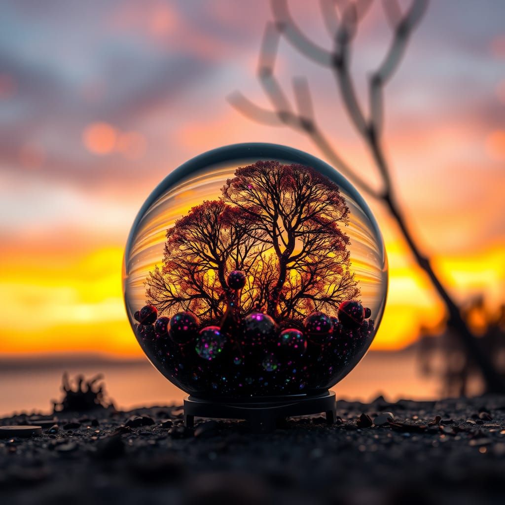 Glittering Glass Orb Reflects a Pastel Sunset