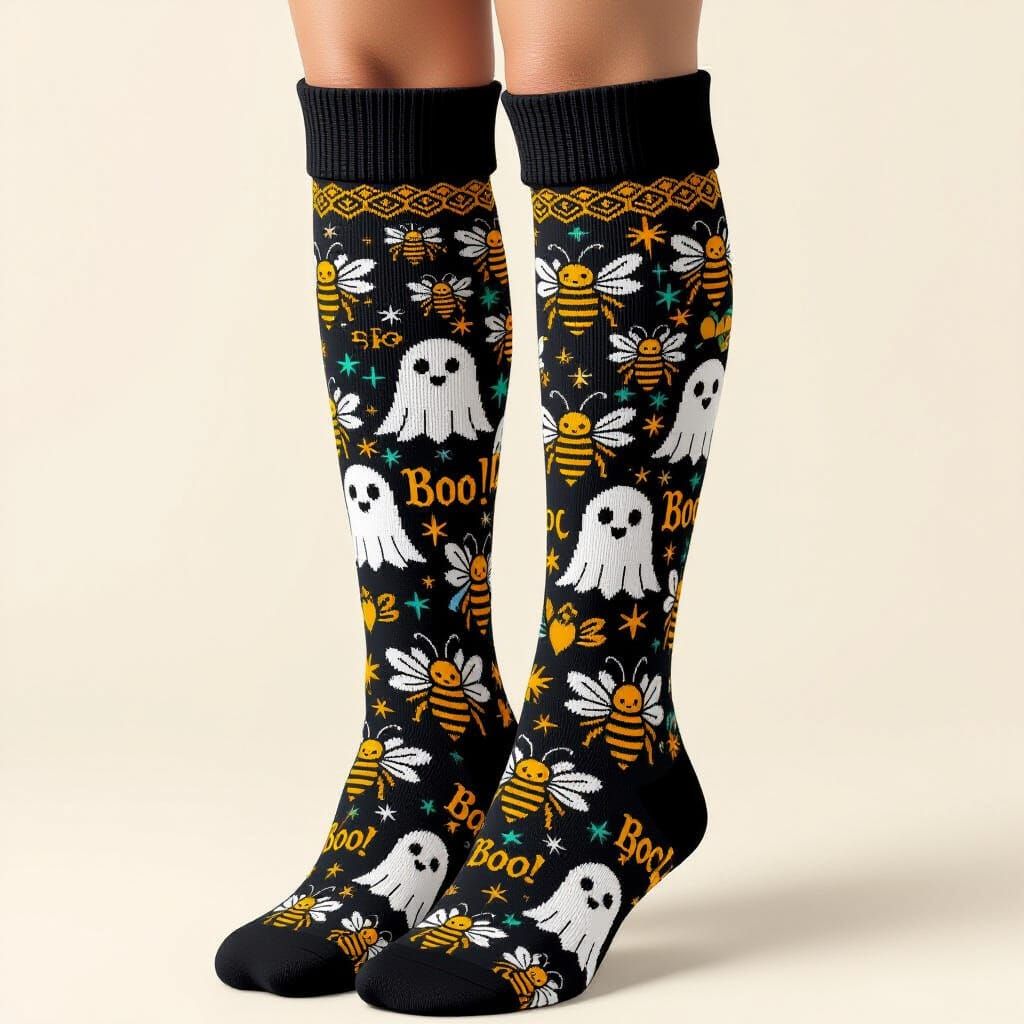 Knee-High Socks with Gothic Bee and Ghost Pattern