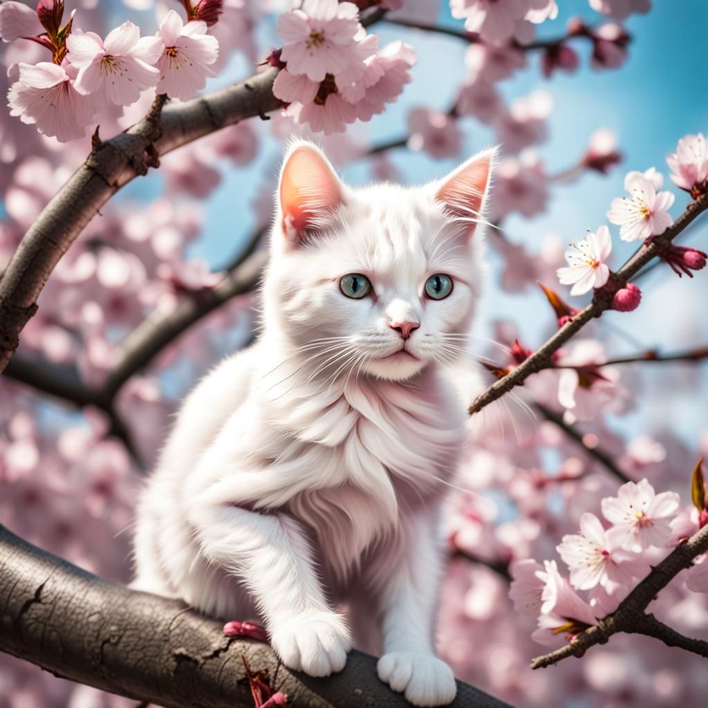 Hyperrealistic Cat Climbing Cherry Blossom Tree