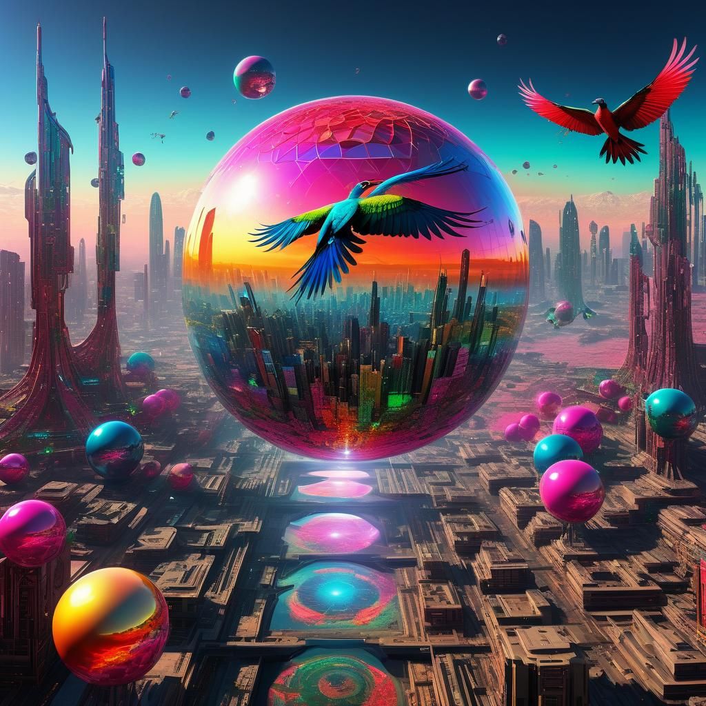Birds and magical sphere in a cyber city