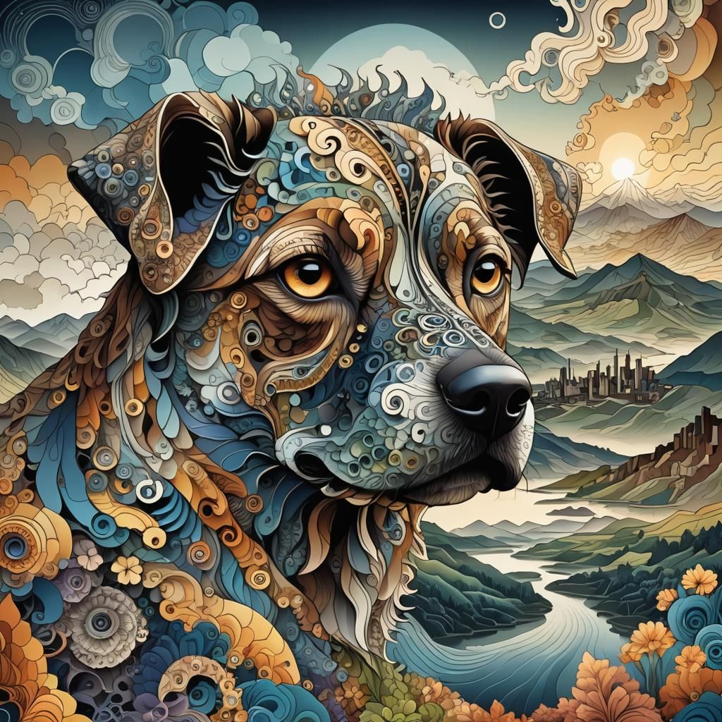 Surreal Dog Head with Contrasting Landscapes