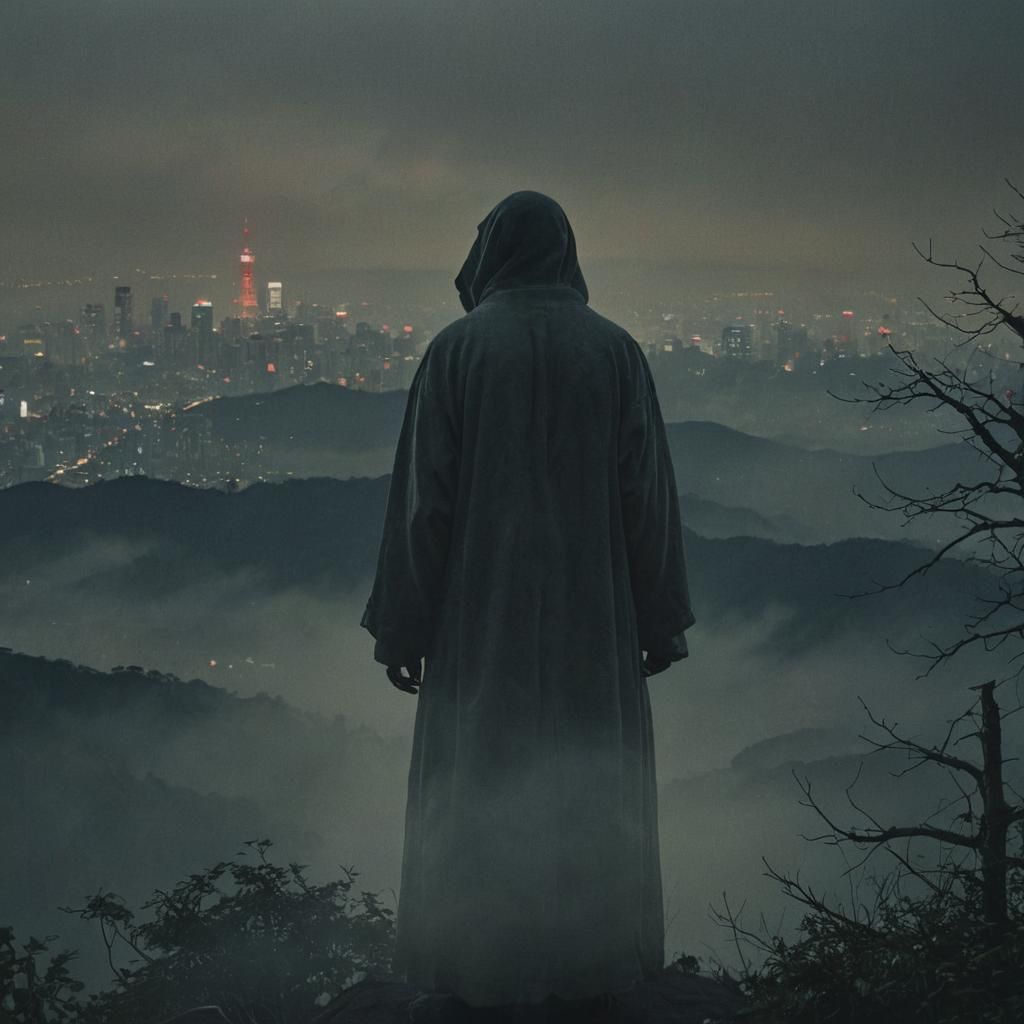 Ghostly Figure Overlooks Tokyo in Hyperrealistic Style