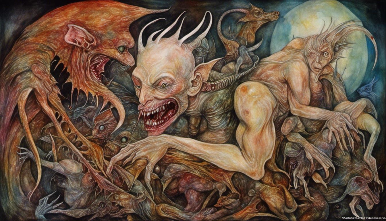 Albino Contortionist Chimera in Surreal Fantasy Style