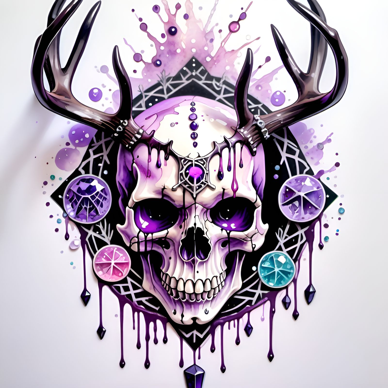 Pastel Goth Skull with Antlers in Watercolor