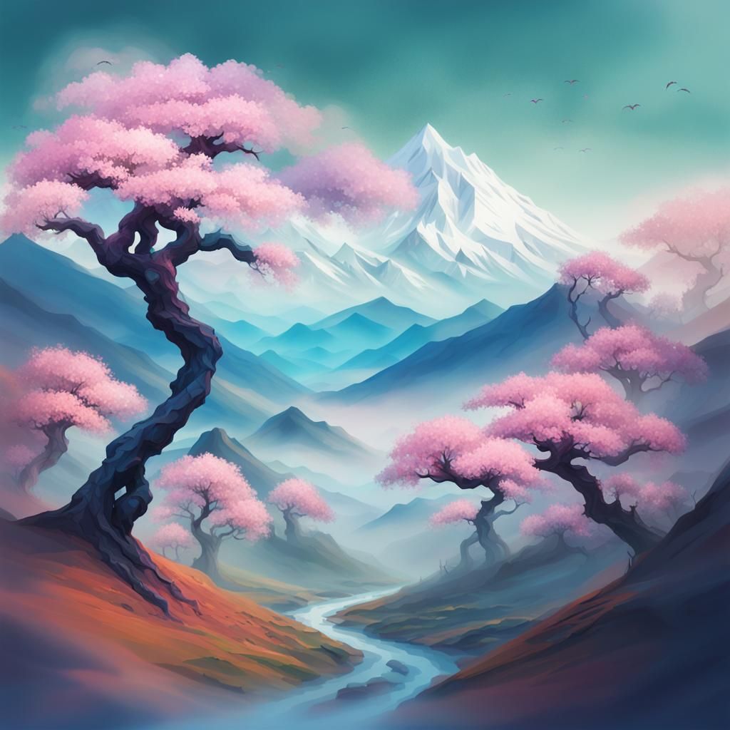 Misty Mountain Landscape with Cherry Blossoms