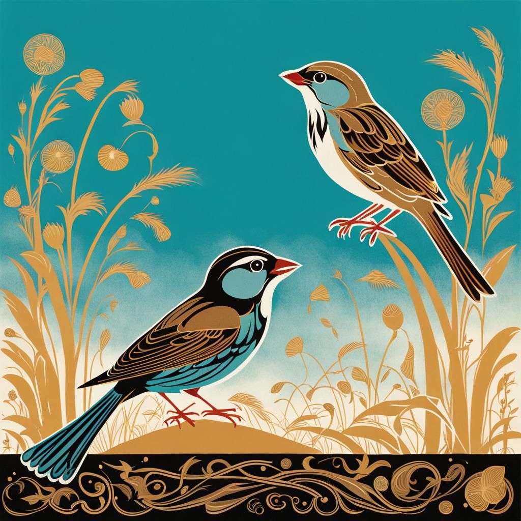 Sparrow and Mouse Chat in Art Deco Style