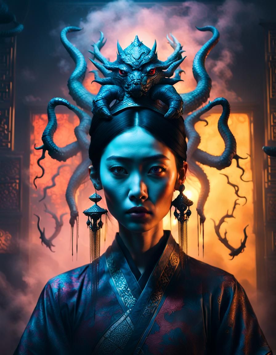 Mystical Asian Woman in Foggy Horror Scene