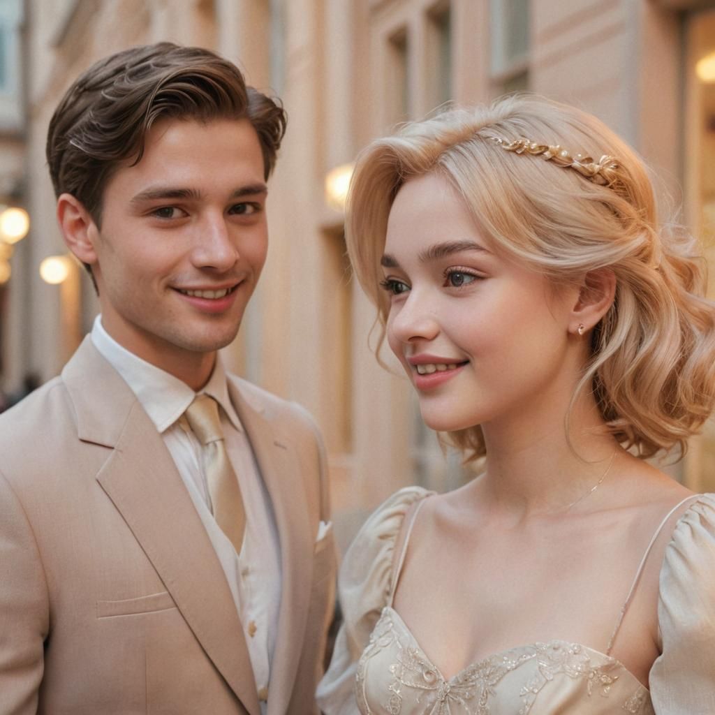 Young Woman and Man Chatting in Pastel Watercolor