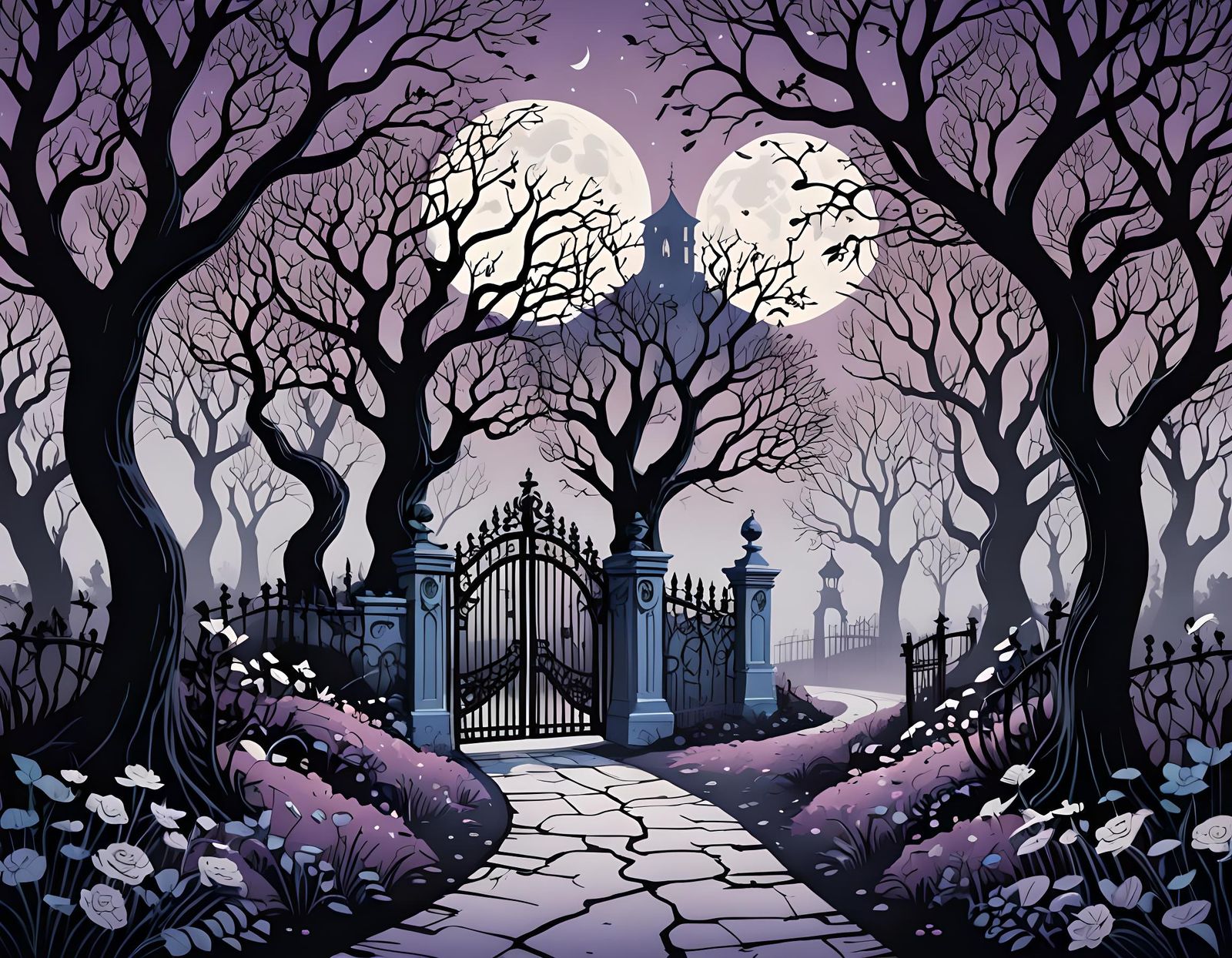 Whimsical Haunted Forest in 2D Vector Style