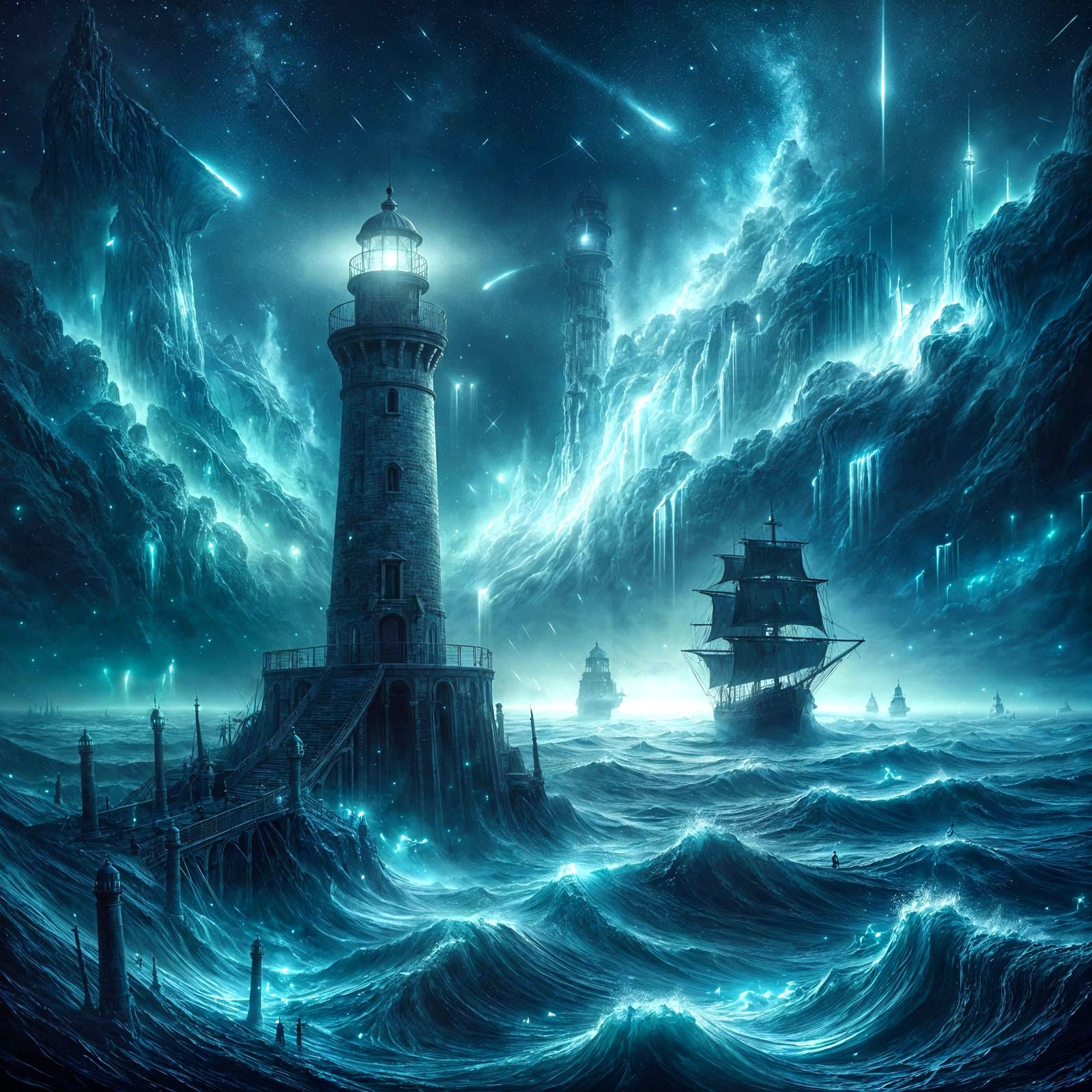 Ancient Lighthouse Against Bioluminescent Sea Under Alien St...