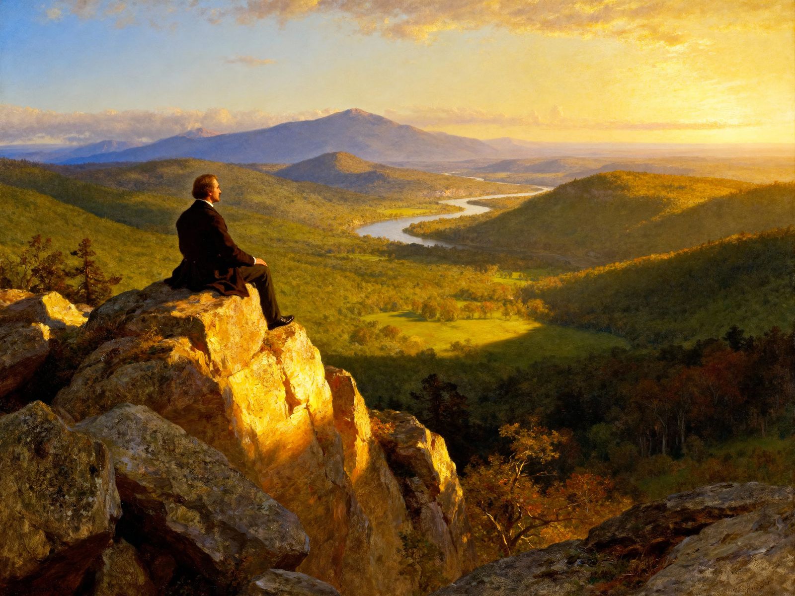 19th Century Landscape Painting of a Gentleman Viewing a Val...
