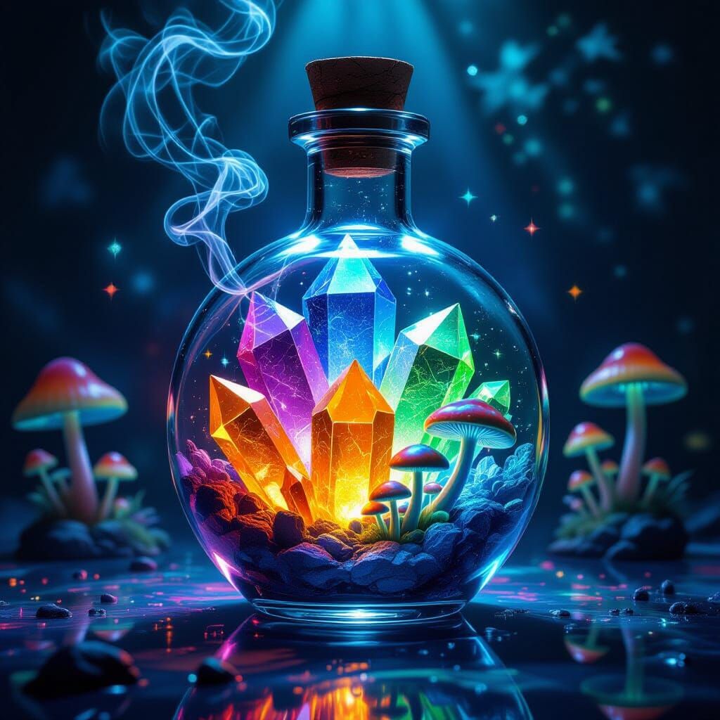 Vibrant Swirling Smoke in Crystal Potion Bottle