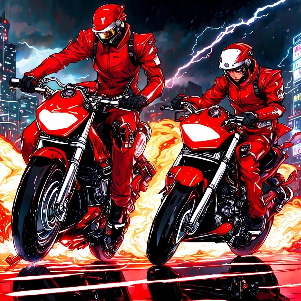 Cyberpunk Cyborgs Duel on Futuristic Motorcycles