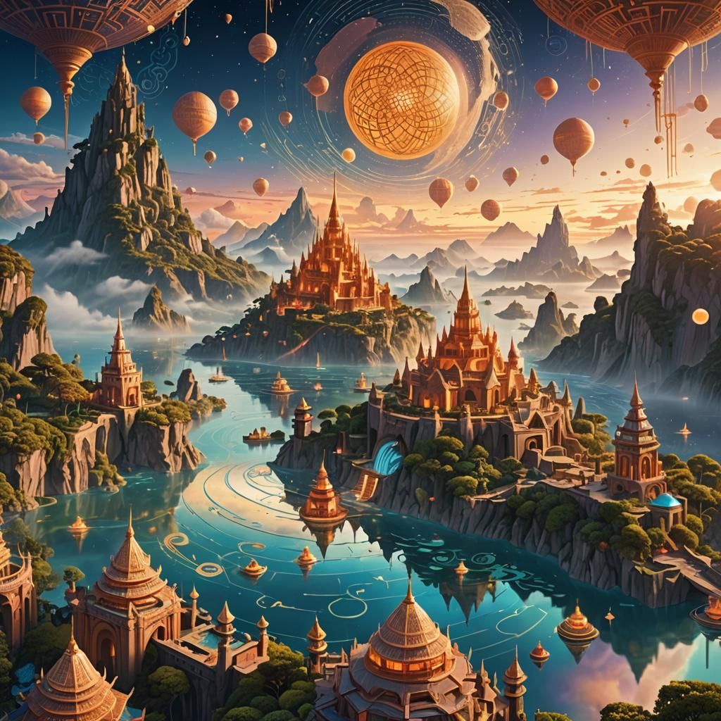 Floating Island with Pagodas and Norse Fortresses