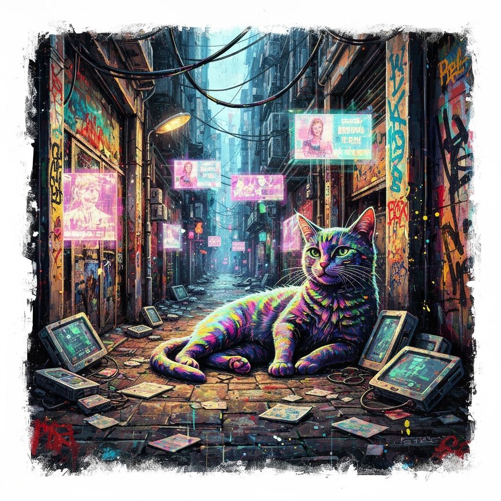 Cyberpunk Cat Lounging in Graffiti Alley