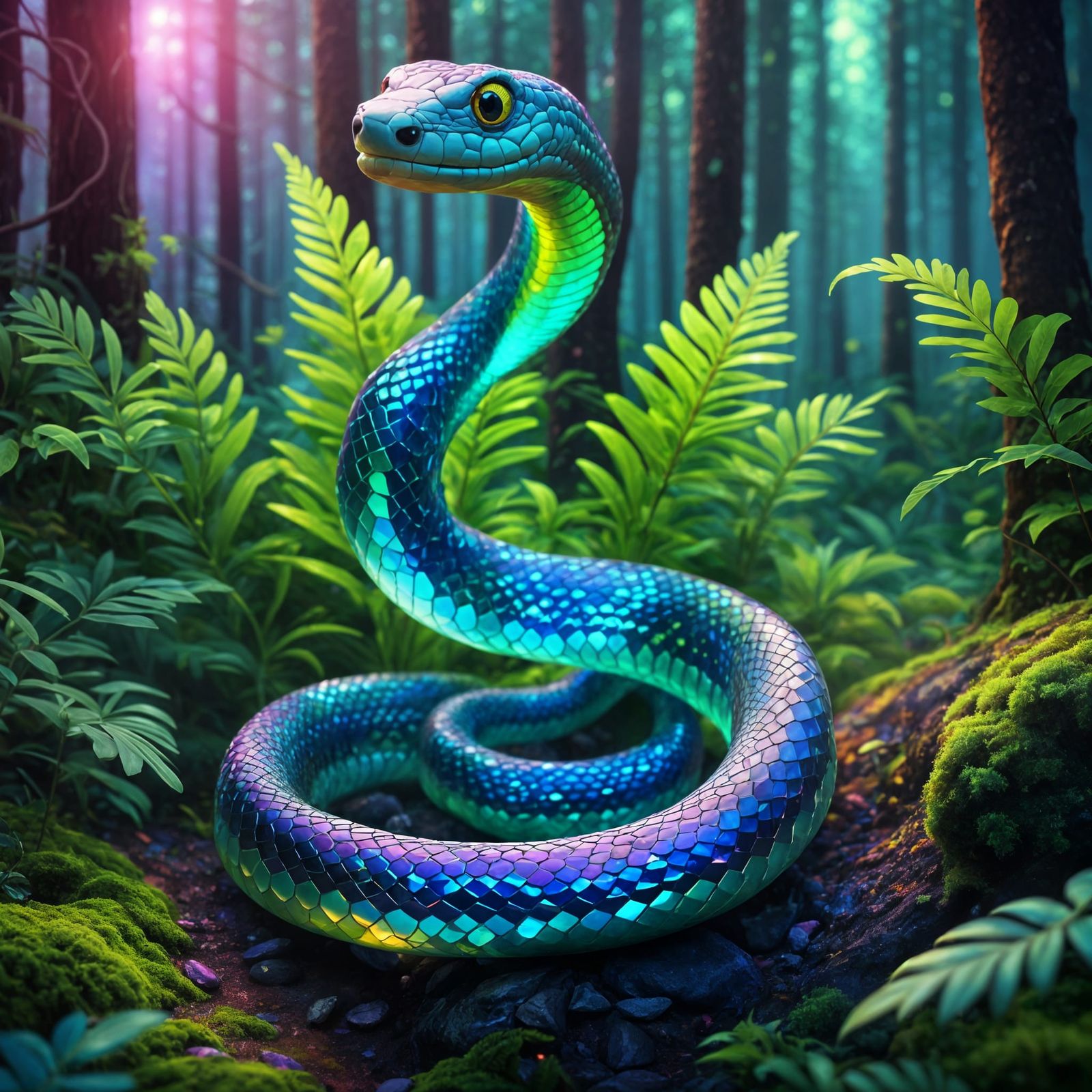 Opalescent Crystal Snake in Forest, Holographic Art