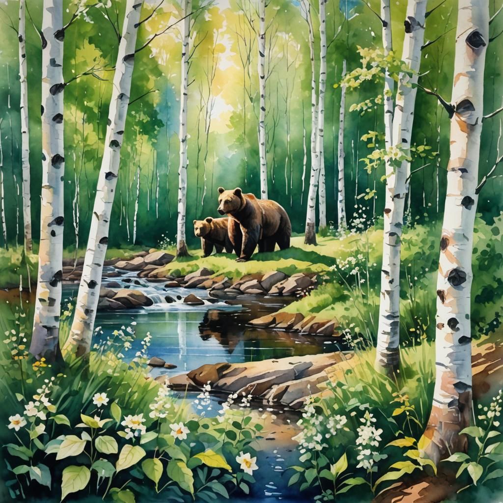 Watercolor Painting: Bears by the River in Summer