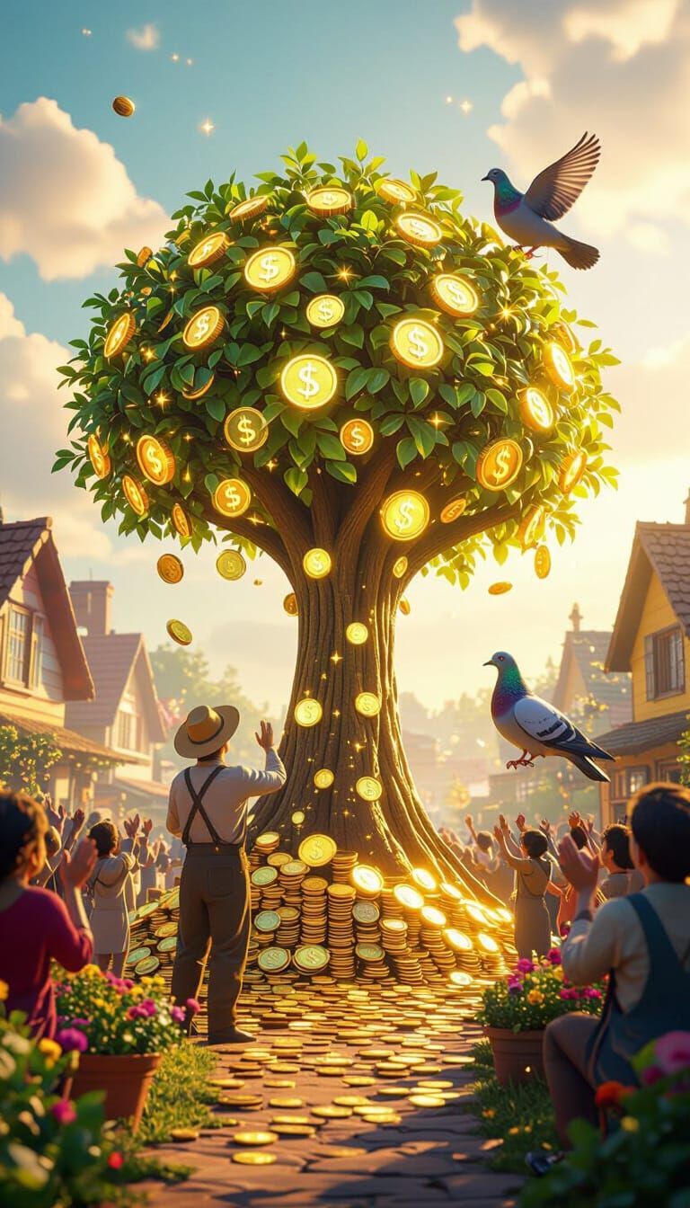 Giant Glowing Money Tree in a Vibrant Village