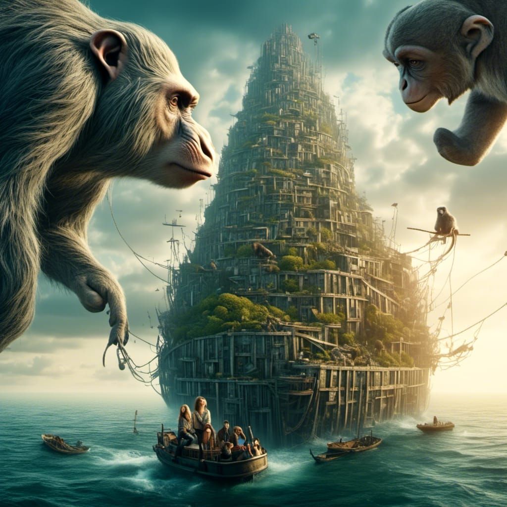 Cyberpunk Tower of Babel with Animals on Pirate Ship