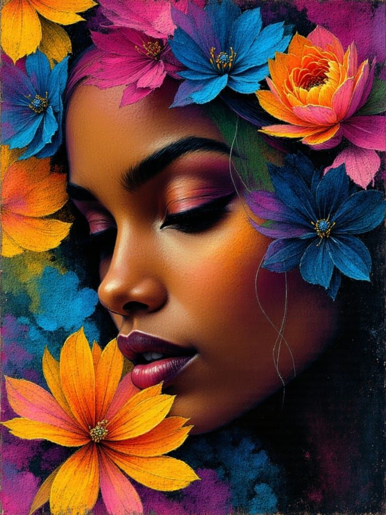 Elegant Black Woman Portrait with Multicolored Flowers