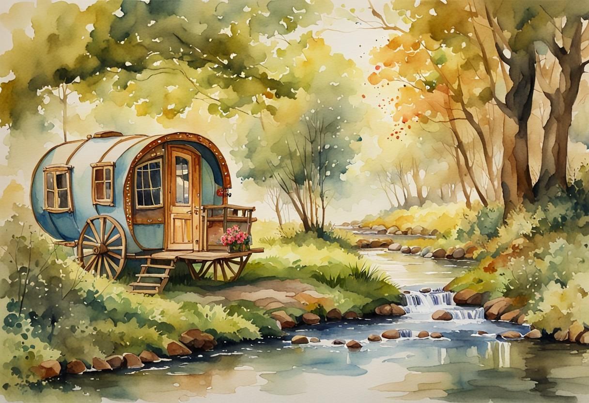 Vardo/Caravan by woodland stream