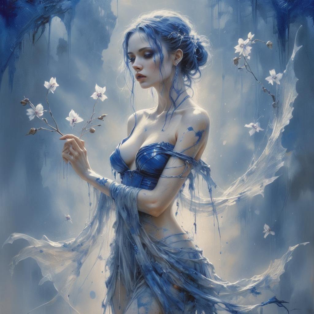 Royal Blue Dress in Sinister Oil Painting Style