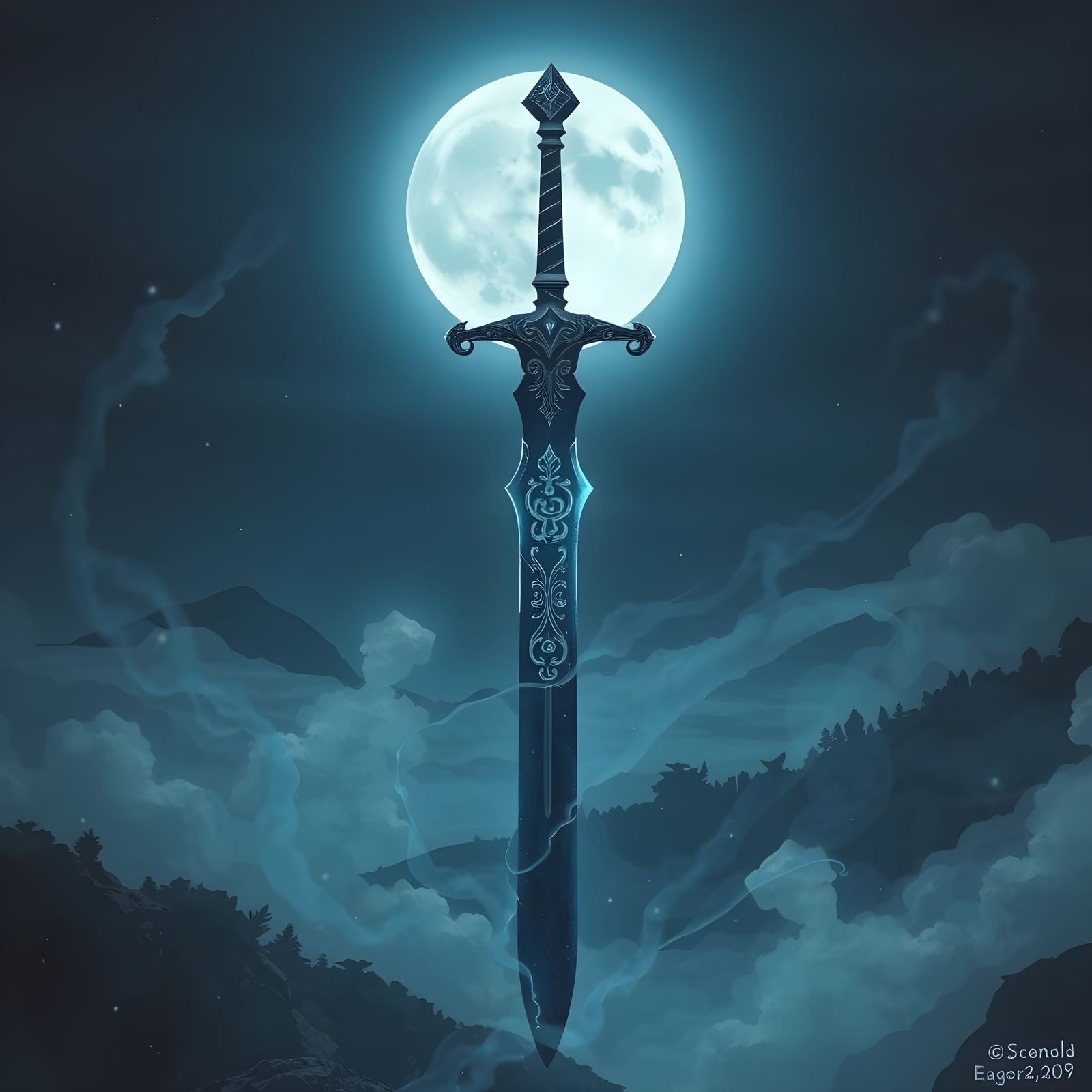 Dark Blue Sword Radiates Crimson, Standing Before a Full Moo...