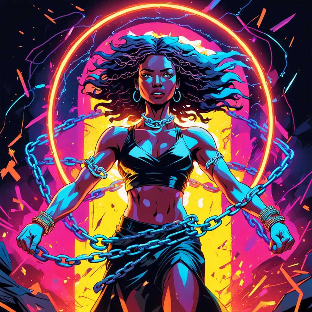 Empowered Woman Breaking Chains in Comic Book Style