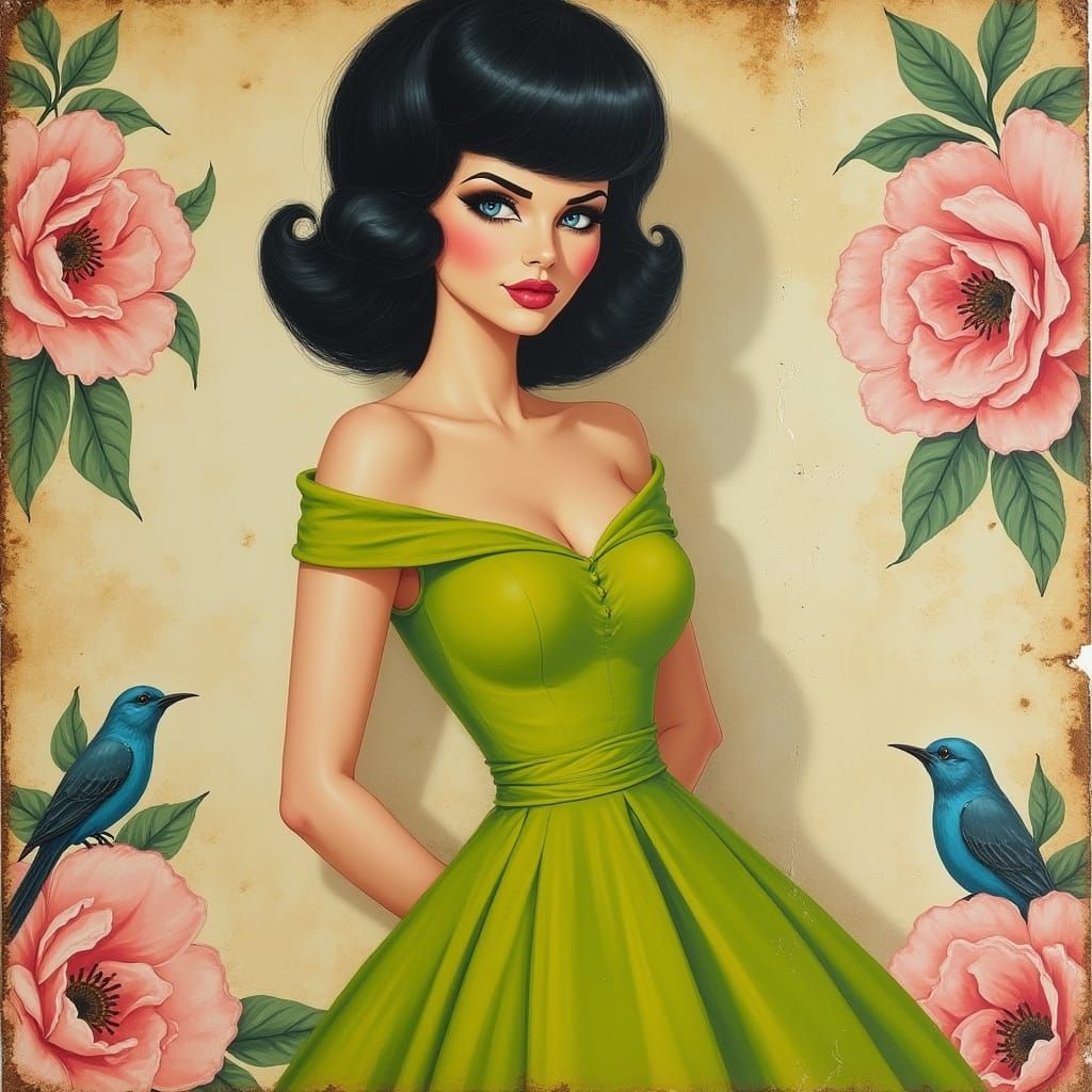 Sultry Retro Goddess Unveiled in Vibrant Green