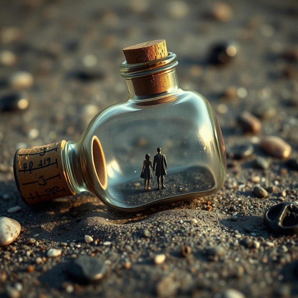 Romantic Beach Scene with Miniature Lovers in an Old Glass B...
