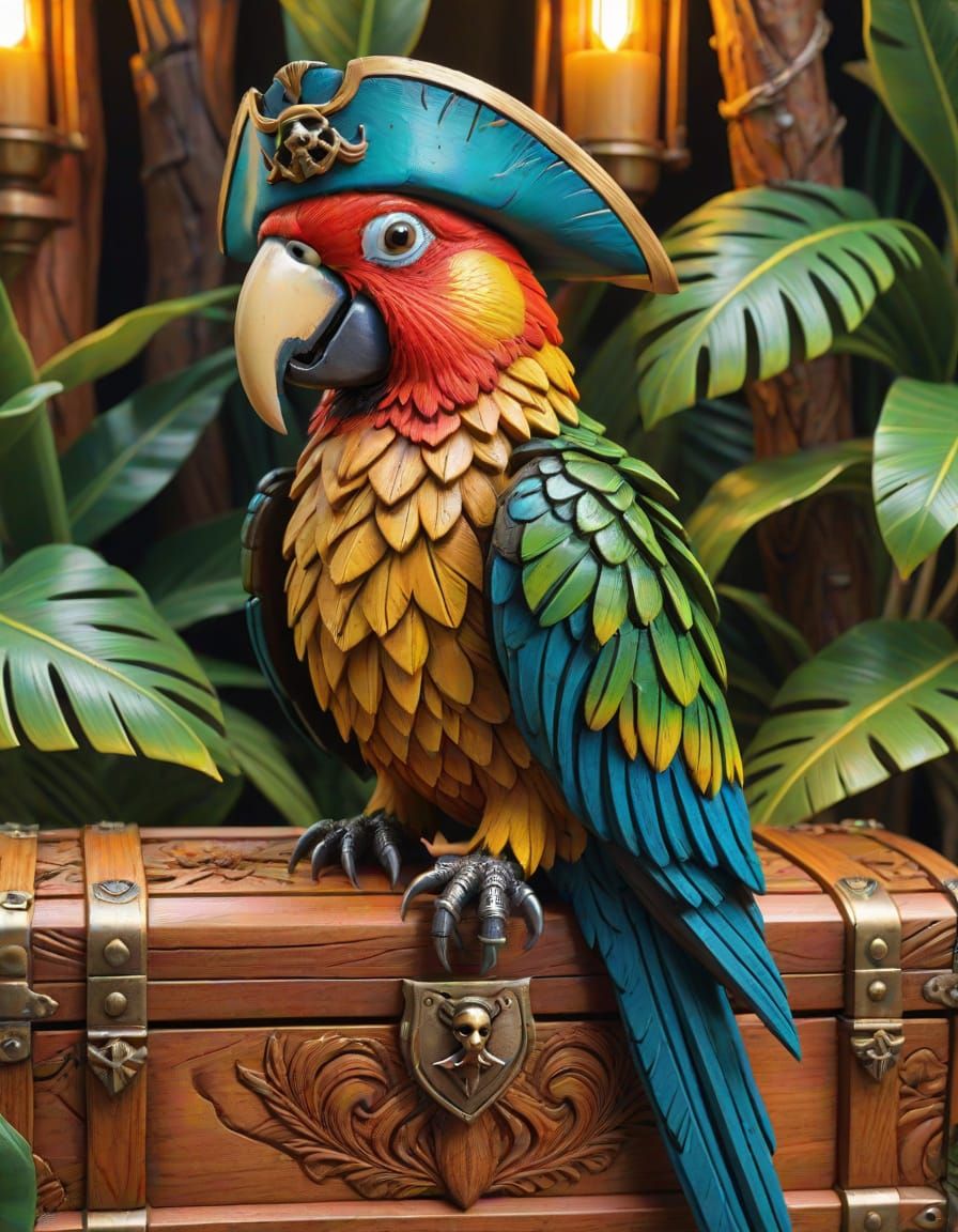 Pirate Parrot Wood Carving with Treasure Chest