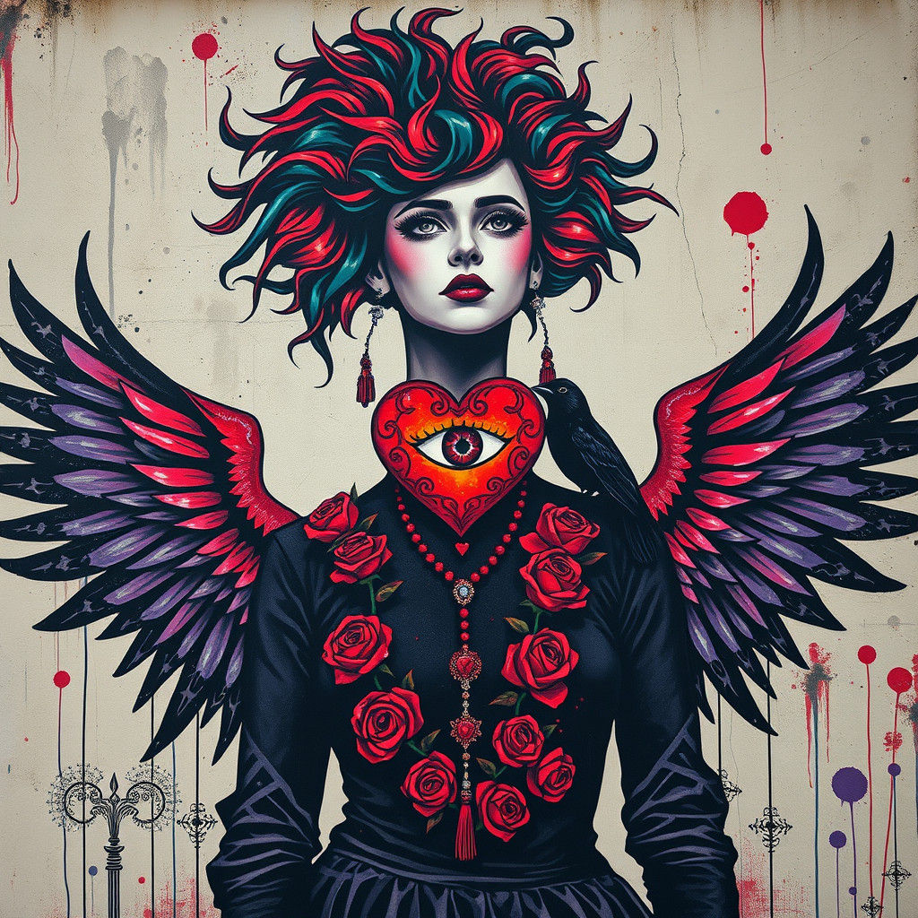 Goth Woman in Graffiti Art Mural with Sacred Heart