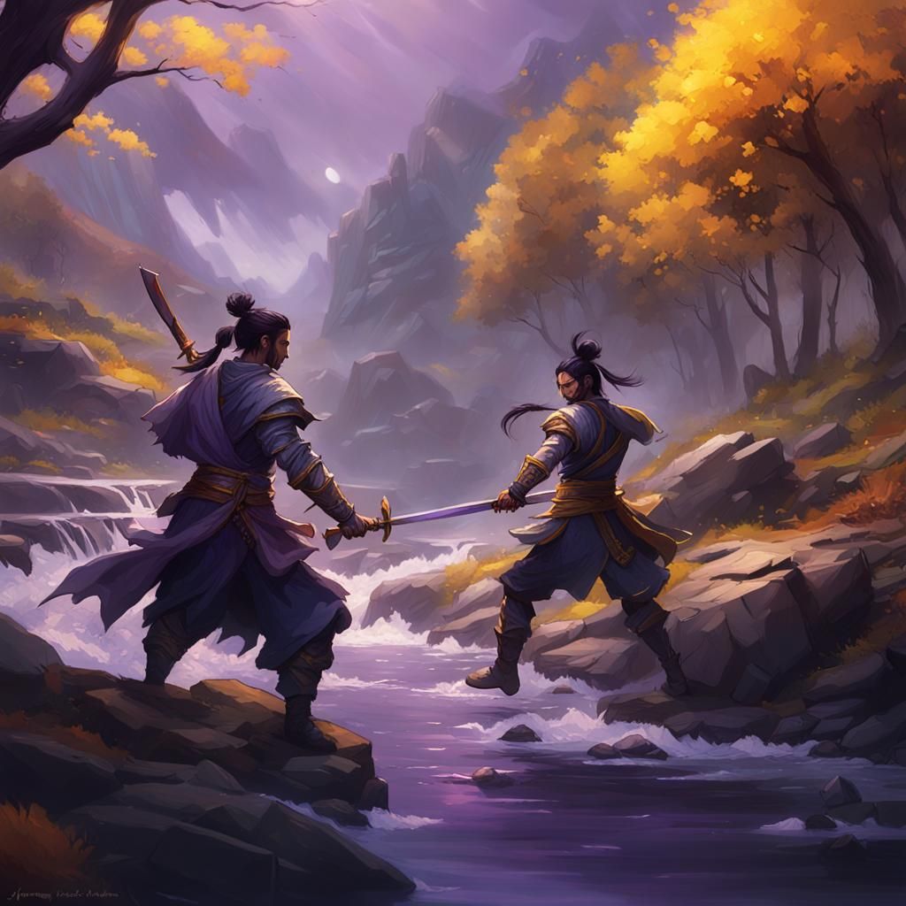 Epic Battle by the River in Dark Fantasy Style